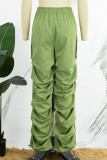 Matcha Green Street Solide Patchwork-Hose mit Kordelzug und Taschenfalte, normale mittlere Taille, gerade, einfarbig