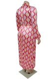 Rosafarbene, lässige, plissierte Frenulum-Kleider mit O-Ausschnitt und langen Ärmeln in Übergröße