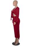 Red Casual Solid Tassel Bandage V Neck Long Sleeve Two Pieces