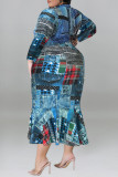 Голубые Повседневные платья с принтом в стиле пэчворк с отложным воротником и длинным рукавом Платья больших размеров