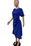 Blue Casual Solid Patchwork O Neck Short Sleeve Dress