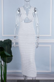 Белые сексуальные однотонные длинные платья с V-образным вырезом и длинными рукавами