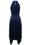 Deep Blue Casual Solid urholkad asymmetrisk O-hals veckade klänningar