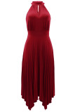 Rose Red Casual Solid urholkade asymmetriska O-hals veckade klänningar