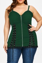 Verde Sexy Casual Sólido Patchwork Backless Spaghetti Strap Plus Size Tops