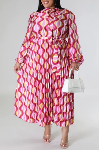 Pink Casual Print Frenulum Pleated O Neck Long Sleeve Plus Size Dresses