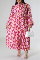 ピンク カジュアル プリント 小帯 プリーツ O ネック 長袖 プラス サイズ ドレス