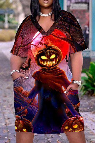 Red Halloween Casual Graphics Print Basic V Neck Short Sleeve Loose Pockets Midi T-Shirt Dress