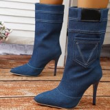 Синие повседневные однотонные удобные туфли с острым носком в стиле пэчворк (высота каблука 3.54 дюйма)
