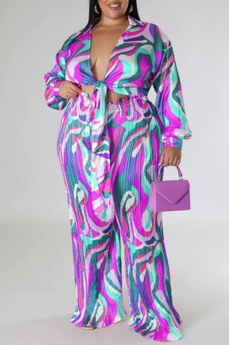 Rose Purple Casual Print Frenulum Turndown Collar Plus Size Two Pieces