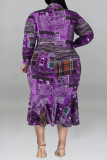 Purple Casual Print Patchwork Turndown Collar Long Sleeve Plus Size Dresses