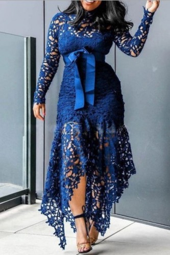 Blå Sexig Casual Solid ihåliga asymmetriska långärmade klänningar med turtleneck