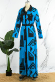 Blauwe elegante geometrische pocket gesp volant kraag overhemdjurk jurken