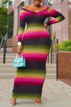 Multicolor Casual Rainbow Striped Print Patchwork V Neck Long Sleeve Bodycon Maxi Dresses