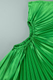 Зеленые повседневные однотонные длинные платья с открытой спиной и плиссированным косым воротником