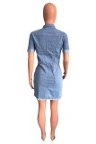 Sky Blue Casual Solid Patchwork Turndown Collar Short Sleeve Skinny Denim Dresses
