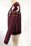 Burgundy Casual Patchwork Contrast O Neck Tops