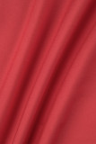 Robe chemise rouge décontractée avec lettres imprimées et patchwork, col rabattu