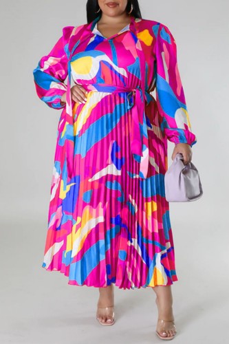 Rose Purple Casual Print Frenulum Pleated O Neck Long Sleeve Plus Size Dresses