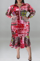 Rode casual print patchwork kraag met lange mouwen en grote maten jurken