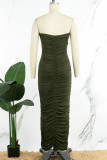 Army Green Casual Solid Backless Fold Strapless One Step Skirt Dresses