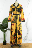Gelbe, elegante, geometrische Hemdblusenkleider mit Taschenschnalle und Volant, Umlegekragen