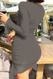 Black Sexy Solid Hollowed Out V Neck Long Sleeve Dresses