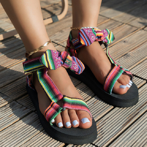 Meerkleurig casual patchwork met strik, ronde comfortabele schoenen