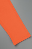 Orangefarbenes, lässiges, solides, Patchwork-Kapuzenkragen-Dreiteiler-Set in Übergröße