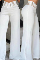 Weiße, lässige, einfarbige Patchwork-Hose mit normaler hoher Taille