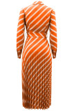 Orange Casual Print Frenulum Turndown Collar Long Sleeve Dresses