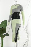 Groene casual patchwork gescheurde split O-hals jurken met lange mouwen