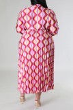 Roze casual print frenulum geplooide o-hals lange mouwen grote maten jurken