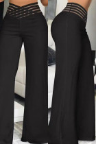 Pantalones casuales de patchwork sólido regular de cintura alta de color sólido convencional negro