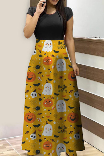 Gelbes, lässiges Patchwork-Kleid mit O-Ausschnitt und kurzen Ärmeln