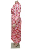 Rode casual print frenulum geplooide o-hals lange mouwen grote maten jurken