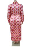 Pink Casual Print Frenulum Pleated O Neck Long Sleeve Plus Size Dresses
