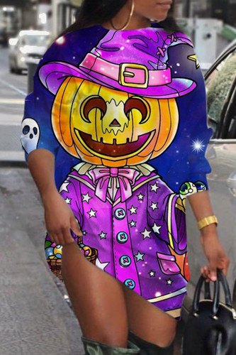 Purple Casual Print Basic O Neck Long Sleeve Short Sleeve Dress