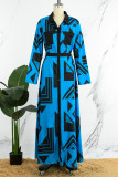 Blauwe elegante geometrische pocket gesp volant kraag overhemdjurk jurken
