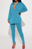 Sky Blue Casual Solid Patchwork Turndown Collar Long Sleeve Two Pieces