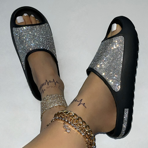 Zapatos cómodos redondos con diamantes de imitación y retazos para la vida diaria, informales, negros