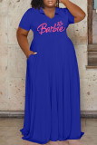 Blaues, lässiges, kurzärmliges Kleid mit V-Ausschnitt und Buchstabendruck. Kleider in Übergröße
