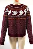 Burgundy Casual Patchwork Contrast O Neck Tops