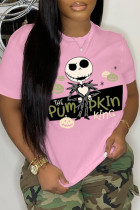 T-shirt basic con collo a O con stampa casual rosa con testa di teschio