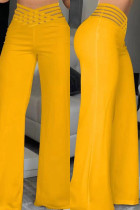 Gelbe, lässige, solide Patchwork-Hose mit normaler hoher Taille und herkömmlicher einfarbiger Hose
