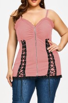 Rose Sexy décontracté solide Patchwork dos nu Spaghetti sangle grande taille hauts