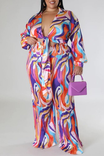 Pink Purple Casual Print Frenulum Turndown Collar Plus Size Two Pieces