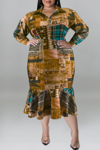 Ginger Casual Print Patchwork Turndown Collar Long Sleeve Plus Size Dresses