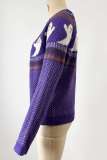Purple Casual Patchwork Contrast O Neck Tops