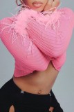 Roze sexy casual effen patchwork tops met V-hals